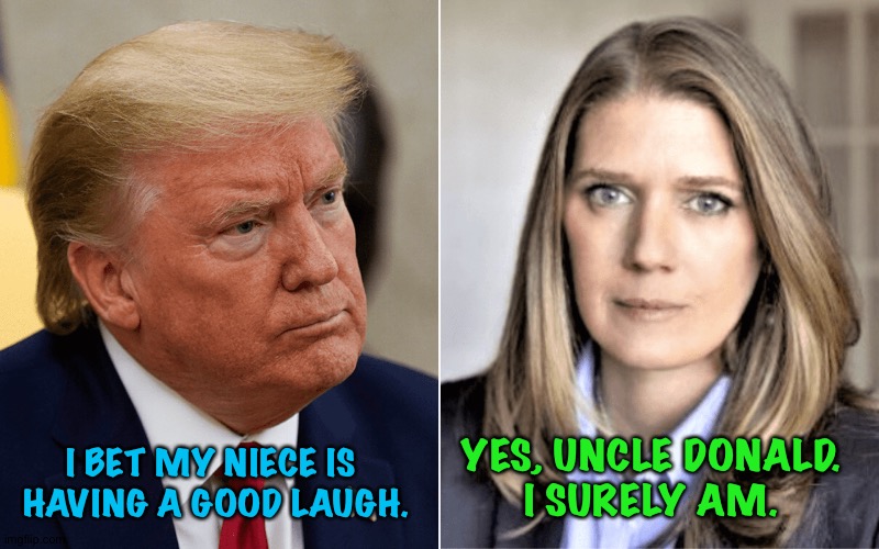 Donald probaby wishes he had committed nieceicide years ago. | I BET MY NIECE IS 
HAVING A GOOD LAUGH. YES, UNCLE DONALD.
I SURELY AM. | image tagged in donald trump,mary trump | made w/ Imgflip meme maker