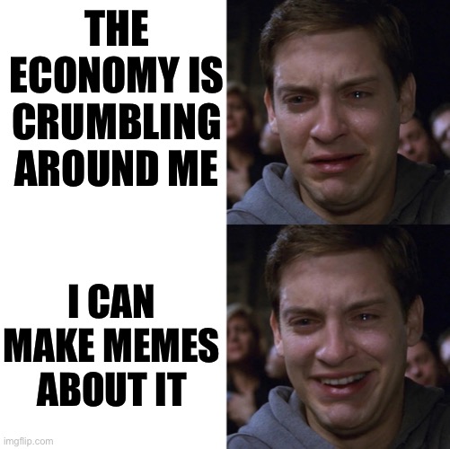 Crying Peter Parker | THE ECONOMY IS CRUMBLING AROUND ME; I CAN MAKE MEMES ABOUT IT | image tagged in crying peter parker | made w/ Imgflip meme maker