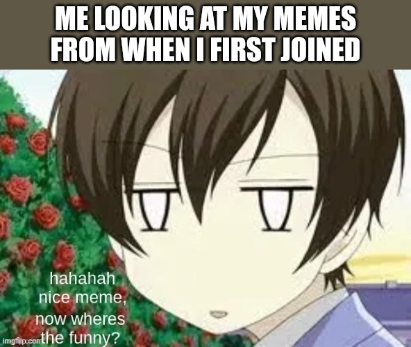 Haruhi can't find the funny | ME LOOKING AT MY MEMES FROM WHEN I FIRST JOINED | image tagged in haruhi can't find the funny | made w/ Imgflip meme maker