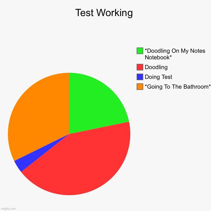 Test Working | *Going To The Bathroom*, Doing Test, Doodling, *Doodling On My Notes Notebook* | image tagged in charts,pie charts,school,tests | made w/ Imgflip chart maker