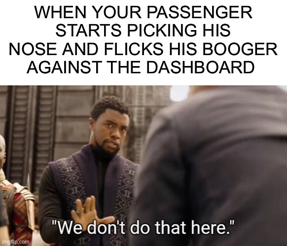 WHEN YOUR PASSENGER STARTS PICKING HIS NOSE AND FLICKS HIS BOOGER AGAINST THE DASHBOARD | image tagged in blank white template,we don't do that here | made w/ Imgflip meme maker