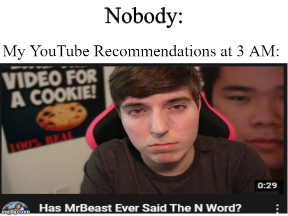 3 AM YouTube Recommendations | Nobody:; My YouTube Recommendations at 3 AM: | image tagged in mrbeast | made w/ Imgflip meme maker