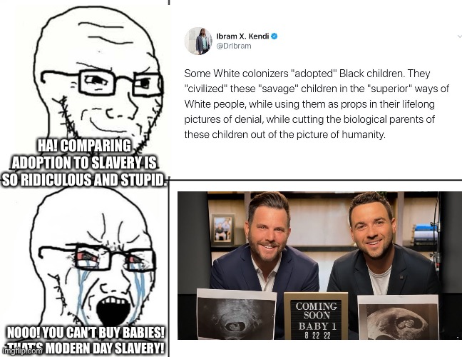 Soyboy reaction mad cry | HA! COMPARING ADOPTION TO SLAVERY IS SO RIDICULOUS AND STUPID. NOOO! YOU CAN’T BUY BABIES! THAT’S MODERN DAY SLAVERY! | image tagged in soyboy reaction mad cry | made w/ Imgflip meme maker