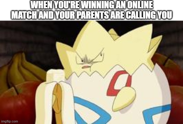that moment when you're called out of your room when you're winning an online match | WHEN YOU'RE WINNING AN ONLINE MATCH AND YOUR PARENTS ARE CALLING YOU | image tagged in what you look like after watching the first pokemon movie,togepi,pokemon,online game,parents | made w/ Imgflip meme maker