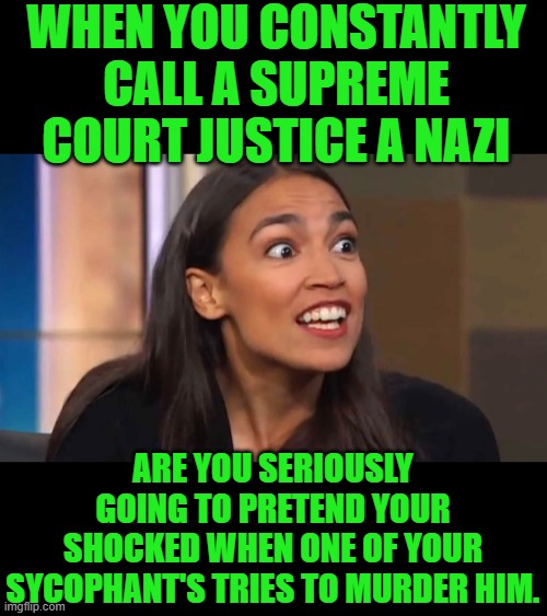 yep | WHEN YOU CONSTANTLY CALL A SUPREME COURT JUSTICE A NAZI; ARE YOU SERIOUSLY GOING TO PRETEND YOUR SHOCKED WHEN ONE OF YOUR SYCOPHANT'S TRIES TO MURDER HIM. | image tagged in crazy aoc | made w/ Imgflip meme maker