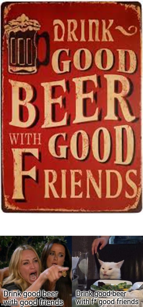 Lol | Drink good beer with f* good friends; Drink good beer with good friends | image tagged in memes,woman yelling at cat,beer,you had one job | made w/ Imgflip meme maker