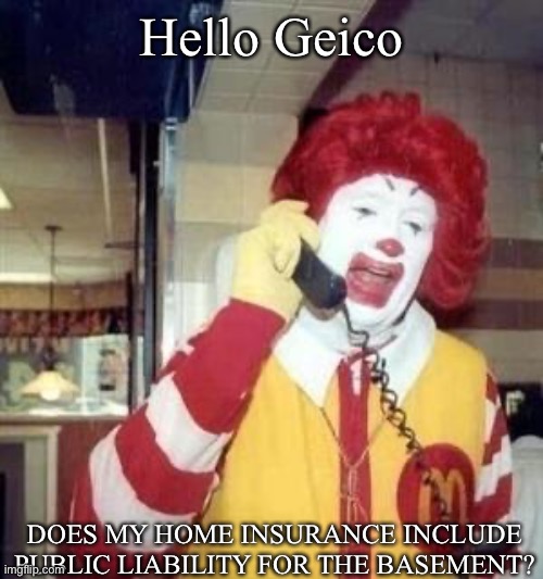 Geoco got sued for infection in a car |  Hello Geico; DOES MY HOME INSURANCE INCLUDE PUBLIC LIABILITY FOR THE BASEMENT? | image tagged in ronald mcdonald temp,dark,basement,girls | made w/ Imgflip meme maker