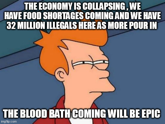 Futurama Fry Meme | THE ECONOMY IS COLLAPSING , WE HAVE FOOD SHORTAGES COMING AND WE HAVE 32 MILLION ILLEGALS HERE AS MORE POUR IN; THE BLOOD BATH COMING WILL BE EPIC | image tagged in memes,futurama fry | made w/ Imgflip meme maker