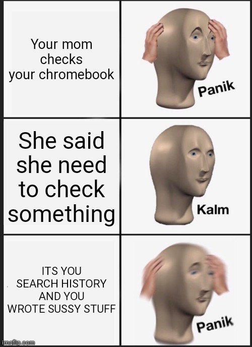 Panik Kalm Panik Meme | Your mom checks your chromebook; She said she need to check something; ITS YOU SEARCH HISTORY AND YOU WROTE SUSSY STUFF | image tagged in memes,panik kalm panik | made w/ Imgflip meme maker