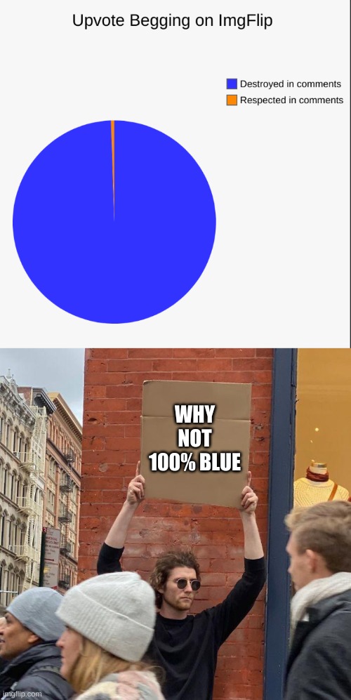 good and well-thought-out title | WHY NOT 100% BLUE | image tagged in memes,guy holding cardboard sign | made w/ Imgflip meme maker