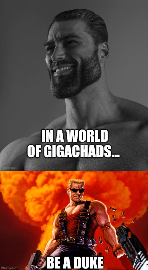 Nukem > Gigachad | IN A WORLD OF GIGACHADS... BE A DUKE | image tagged in giga chad | made w/ Imgflip meme maker