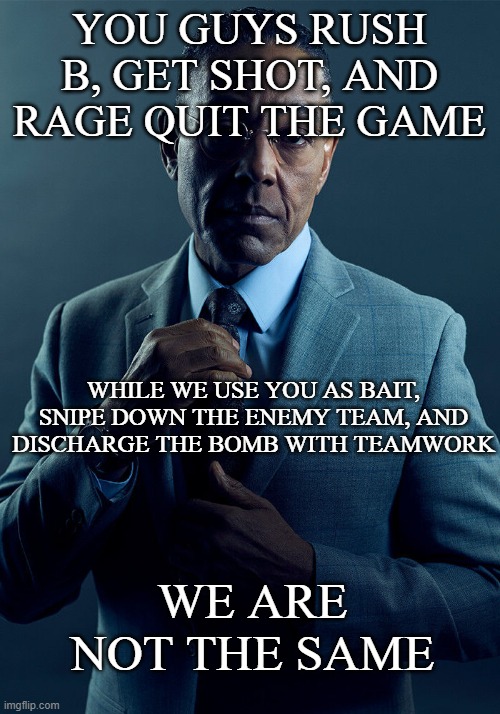 Gus Fring In CSGO |  YOU GUYS RUSH B, GET SHOT, AND RAGE QUIT THE GAME; WHILE WE USE YOU AS BAIT, SNIPE DOWN THE ENEMY TEAM, AND DISCHARGE THE BOMB WITH TEAMWORK; WE ARE NOT THE SAME | image tagged in gus fring we are not the same,csgo,counter strike,counterstrike,gamers,pro gamer move | made w/ Imgflip meme maker