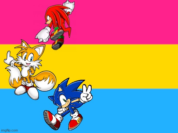 In this order, Sonic, Tails, and Knuckles look like the pan flag | image tagged in pansexual flag,sonic,tails,knuckles | made w/ Imgflip meme maker