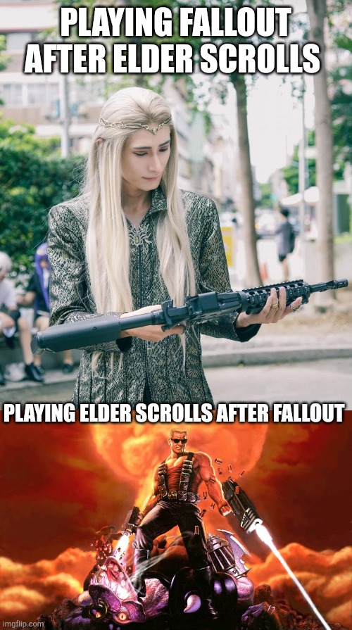 Bethesda | PLAYING FALLOUT AFTER ELDER SCROLLS; PLAYING ELDER SCROLLS AFTER FALLOUT | image tagged in guns lots of guns | made w/ Imgflip meme maker