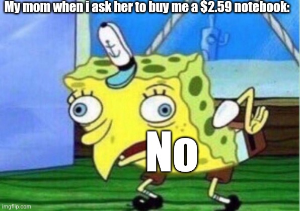 :/ | My mom when i ask her to buy me a $2.59 notebook:; No | image tagged in memes,mocking spongebob | made w/ Imgflip meme maker