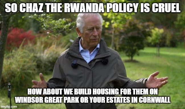 Prince Charles | SO CHAZ THE RWANDA POLICY IS CRUEL; HOW ABOUT WE BUILD HOUSING FOR THEM ON WINDSOR GREAT PARK OR YOUR ESTATES IN CORNWALL | image tagged in prince charles | made w/ Imgflip meme maker