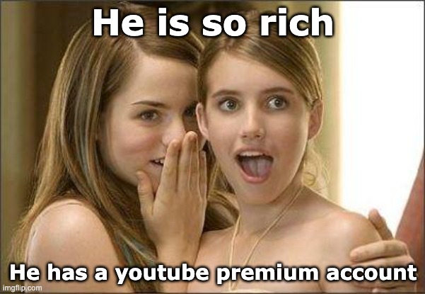 So rich | He is so rich; He has a youtube premium account | image tagged in girls gossiping | made w/ Imgflip meme maker