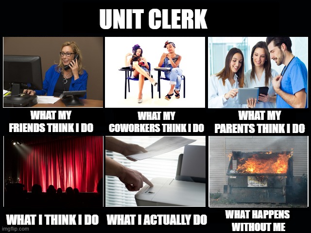 Unit Clerk | UNIT CLERK; WHAT MY COWORKERS THINK I DO; WHAT MY FRIENDS THINK I DO; WHAT MY PARENTS THINK I DO; WHAT I THINK I DO; WHAT HAPPENS 
WITHOUT ME; WHAT I ACTUALLY DO | image tagged in what my friends think i do | made w/ Imgflip meme maker