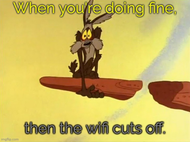 Why does it happen? | When you're doing fine, then the wifi cuts off. | image tagged in wile e coyote,help me,annoying,anxiety | made w/ Imgflip meme maker