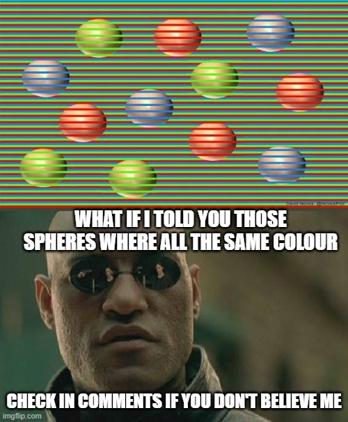 very cool | WHAT IF I TOLD YOU THOSE SPHERES WHERE ALL THE SAME COLOUR; CHECK IN COMMENTS IF YOU DON'T BELIEVE ME | image tagged in memes,matrix morpheus,illusions,optical illusion,front page | made w/ Imgflip meme maker