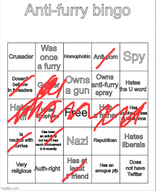 I got the middle row, nice! | image tagged in anti-furry bingo | made w/ Imgflip meme maker