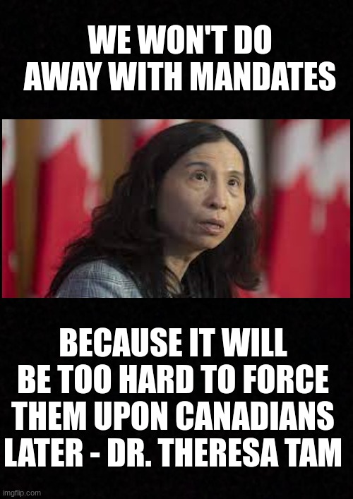 Blank  |  WE WON'T DO AWAY WITH MANDATES; BECAUSE IT WILL BE TOO HARD TO FORCE THEM UPON CANADIANS LATER - DR. THERESA TAM | image tagged in canada,communists,mandates,liberals,dr tam | made w/ Imgflip meme maker