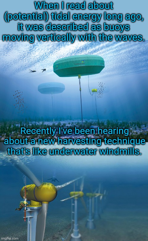 South Korea and France are using tidal energy now. | When I read about (potential) tidal energy long ago, it was described as buoys moving vertically with the waves. Recently I've been hearing about a new harvesting technique that's like underwater windmills. | image tagged in tidal energy buoy type,tidal energy windmill type,renewable energy,environmental,ocean | made w/ Imgflip meme maker