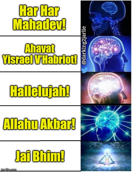 Evolution of Religions | Har Har Mahadev! @darking2jarlie; Ahavat Yisrael V’Habriot! Hallelujah! Allahu Akbar! Jai Bhim! | image tagged in communism,islam,judaism,hinduism,marxism,christianity | made w/ Imgflip meme maker