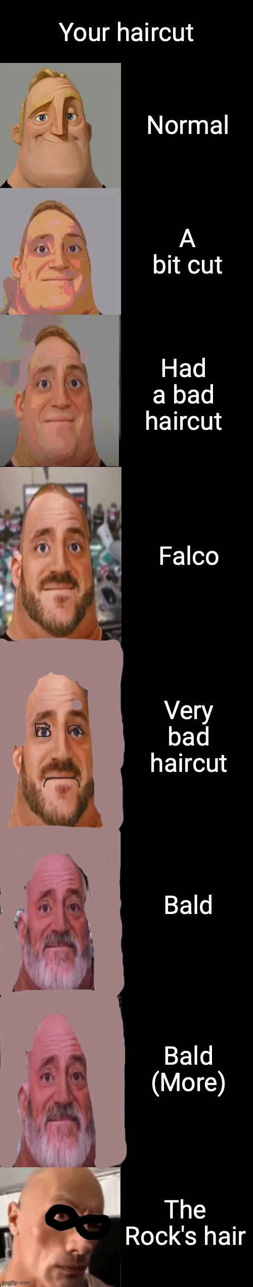Mr incredible becoming bald | Your haircut; Normal; A bit cut; Had a bad haircut; Falco; Very bad haircut; Bald; Bald (More); The Rock's hair | image tagged in mr incredible becoming bald,bald,hair,mr incredible | made w/ Imgflip meme maker
