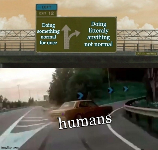 humans be strange sometimes | Doing something normal for once; Doing litteraly anything not normal; humans | image tagged in memes,left exit 12 off ramp | made w/ Imgflip meme maker