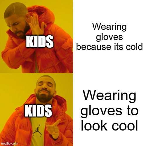 thats me lol | Wearing gloves because its cold; KIDS; Wearing gloves to look cool; KIDS | image tagged in memes,drake hotline bling | made w/ Imgflip meme maker