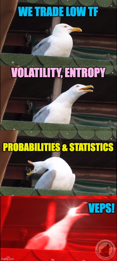 trade VEPS! | WE TRADE LOW TF; VOLATILITY, ENTROPY; PROBABILITIES & STATISTICS; VEPS! | image tagged in memes,inhaling seagull | made w/ Imgflip meme maker