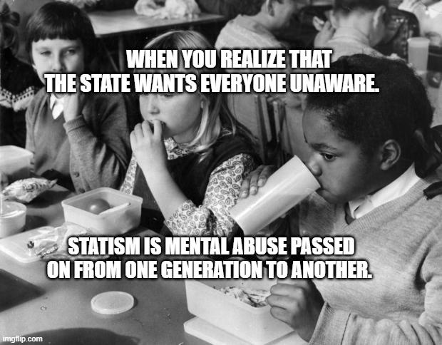 School lunch | WHEN YOU REALIZE THAT THE STATE WANTS EVERYONE UNAWARE. STATISM IS MENTAL ABUSE PASSED ON FROM ONE GENERATION TO ANOTHER. | image tagged in school lunch | made w/ Imgflip meme maker