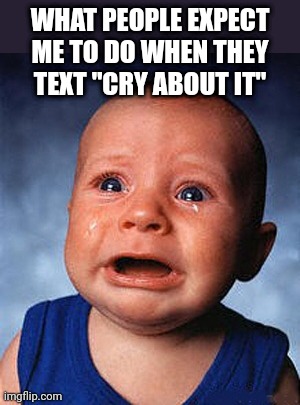 Crying baby  | WHAT PEOPLE EXPECT ME TO DO WHEN THEY TEXT "CRY ABOUT IT" | image tagged in crying baby | made w/ Imgflip meme maker