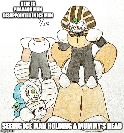 Ice Man and Pharaoh Man | HERE IS PHARAOH MAN DISAPPOINTED IN ICE MAN; SEEING ICE MAN HOLDING A MUMMY'S HEAD | image tagged in megaman,iceman,pharaohman,memes | made w/ Imgflip meme maker