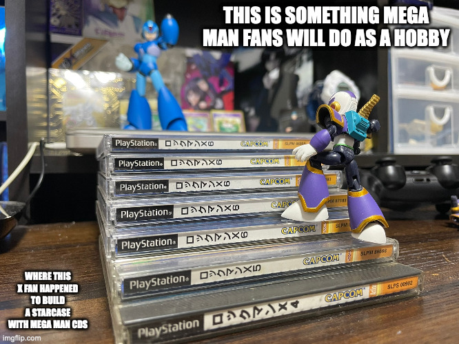 CD Case Staircase | THIS IS SOMETHING MEGA MAN FANS WILL DO AS A HOBBY; WHERE THIS X FAN HAPPENED TO BUILD A STARCASE WITH MEGA MAN CDS | image tagged in megaman,megaman x,memes,vile,x | made w/ Imgflip meme maker