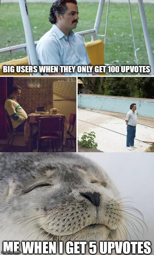 BIG USERS WHEN THEY ONLY GET 100 UPVOTES; ME WHEN I GET 5 UPVOTES | image tagged in memes,sad pablo escobar,satisfied seal | made w/ Imgflip meme maker