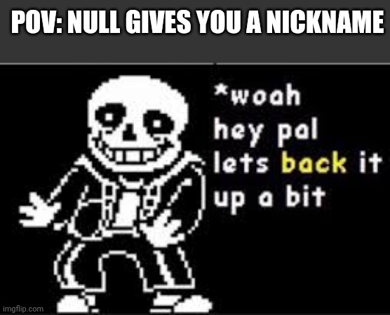 woah hey pal lets back it up a bit | POV: NULL GIVES YOU A NICKNAME | image tagged in woah hey pal lets back it up a bit | made w/ Imgflip meme maker