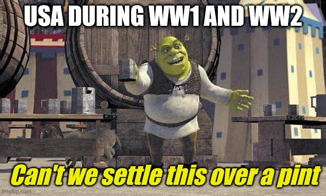 USA be like | USA DURING WW1 AND WW2; Can't we settle this over a pint | image tagged in can't we settle this over a pint,usa,memes,shrek | made w/ Imgflip meme maker