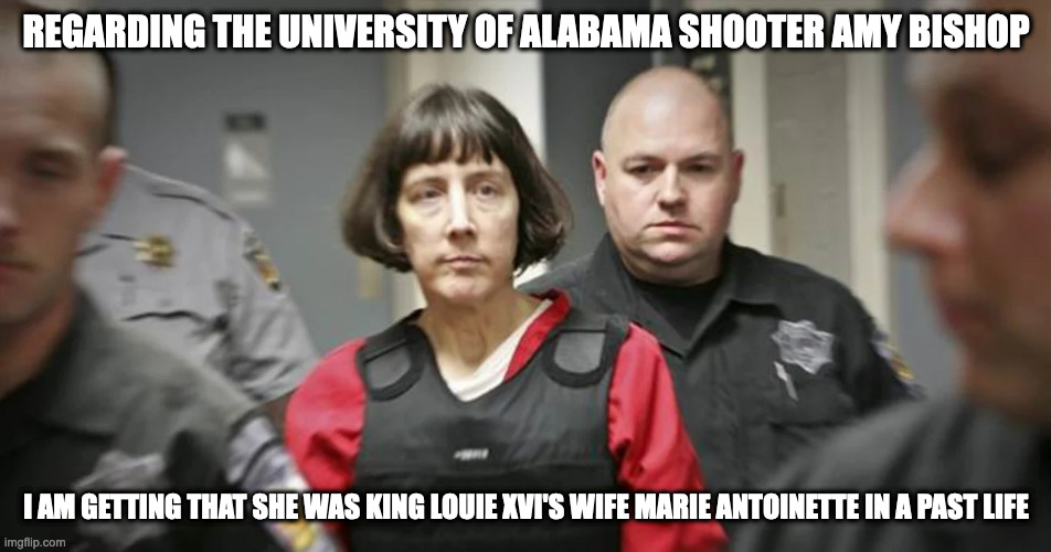 Amy Bishop | REGARDING THE UNIVERSITY OF ALABAMA SHOOTER AMY BISHOP; I AM GETTING THAT SHE WAS KING LOUIE XVI'S WIFE MARIE ANTOINETTE IN A PAST LIFE | image tagged in amy bishop,memes,past life | made w/ Imgflip meme maker