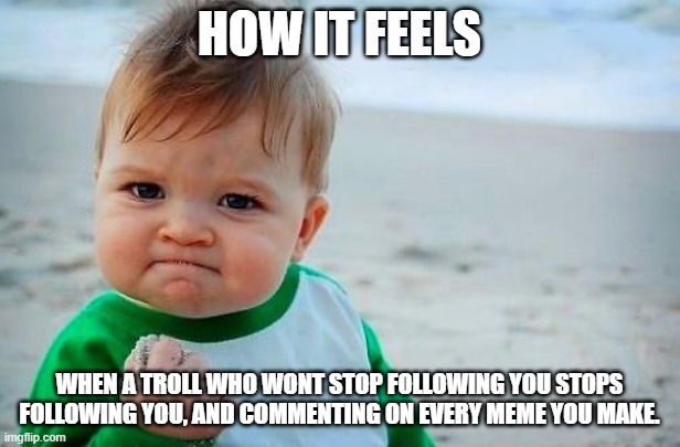 Victory | HOW IT FEELS; WHEN A TROLL WHO WONT STOP FOLLOWING YOU STOPS FOLLOWING YOU, AND COMMENTING ON EVERY MEME YOU MAKE. | image tagged in victory baby,we won,threewithten,victory,thank god hes gone,we have won | made w/ Imgflip meme maker