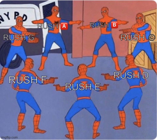 Get Rushed | RUSH 🅰️; RUSH 🅱️; RUSH ©️; RUSH G; RUSH D; RUSH F; RUSH E | image tagged in spider-man 7 | made w/ Imgflip meme maker