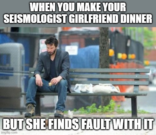 Sad Keanu Meme | WHEN YOU MAKE YOUR SEISMOLOGIST GIRLFRIEND DINNER; BUT SHE FINDS FAULT WITH IT | image tagged in memes,sad keanu,dinner,girlfriend,earthquake | made w/ Imgflip meme maker