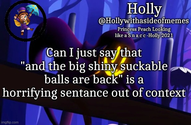 The context is a rap song about Luigi's Mansion 3 | Can I just say that "and the big shiny suckable balls are back" is a horrifying sentance out of context | image tagged in holly snatcher template | made w/ Imgflip meme maker