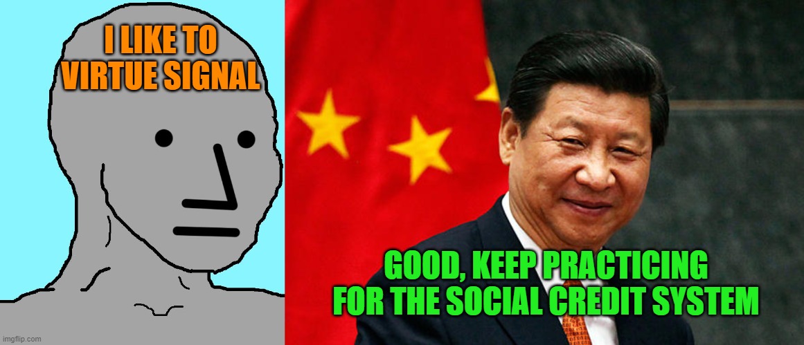 What you're really doing when you virtue signal | I LIKE TO VIRTUE SIGNAL; GOOD, KEEP PRACTICING FOR THE SOCIAL CREDIT SYSTEM | image tagged in npc,xi jinping,social credit system | made w/ Imgflip meme maker