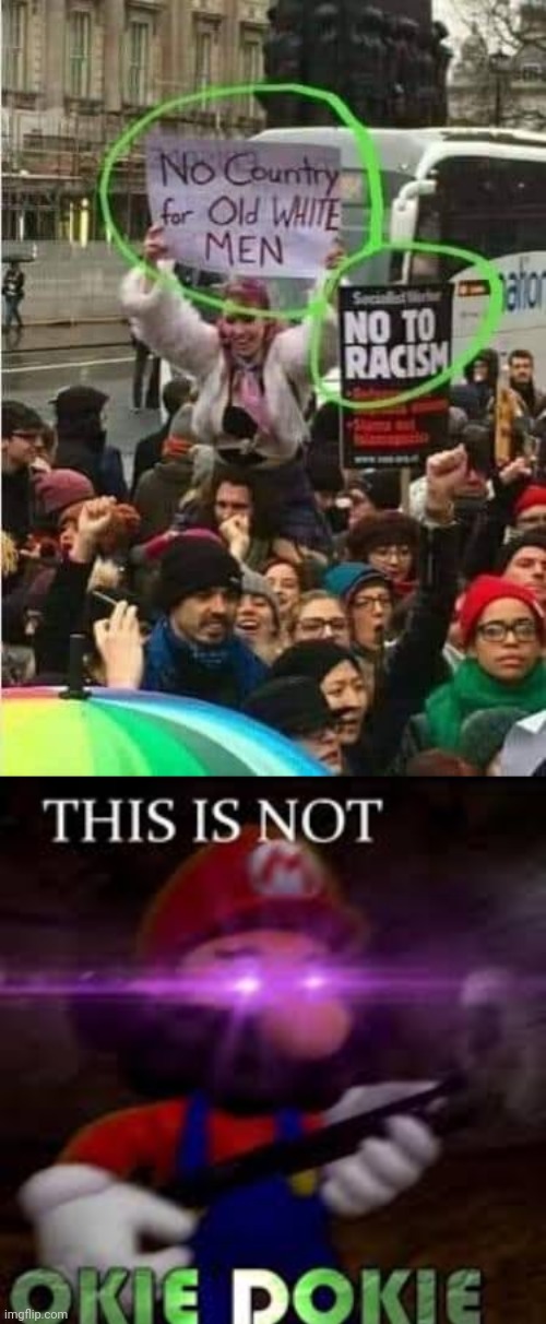 Seems racist to me | image tagged in protest sign fail,this is not okie dokie | made w/ Imgflip meme maker