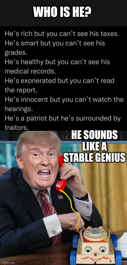 WHO IS HE? HE SOUNDS LIKE A STABLE GENIUS | image tagged in i'm the president | made w/ Imgflip meme maker