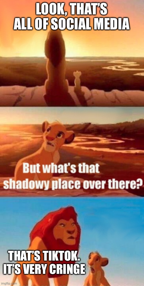 Full of cringe dancers and lip sync people ew | LOOK, THAT’S ALL OF SOCIAL MEDIA; THAT’S TIKTOK. IT’S VERY CRINGE | image tagged in memes,simba shadowy place,tiktok | made w/ Imgflip meme maker
