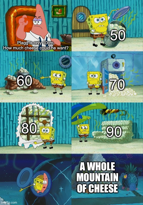 Plagg can eat alot of cheeze | 50; Plagg is only 10cm,
How much cheese could he want? 60; 70; 80; 90; A WHOLE MOUNTAIN OF CHEESE | image tagged in spongebob diapers meme | made w/ Imgflip meme maker