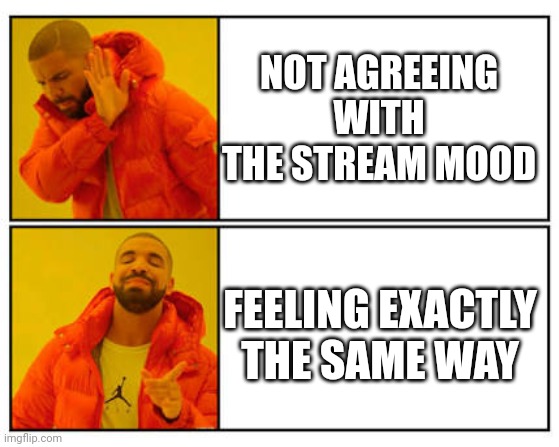 No - Yes | NOT AGREEING WITH THE STREAM MOOD; FEELING EXACTLY THE SAME WAY | image tagged in no - yes | made w/ Imgflip meme maker